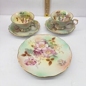 Schumann Arzberg Tea Set Green Pink Floral Gold Gilt Trim 5pc